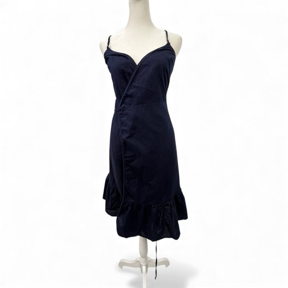 Gap Ruffle Cami Wrap Dress Navy Blue Linen Womens XS Sleeveless Resort Vacation